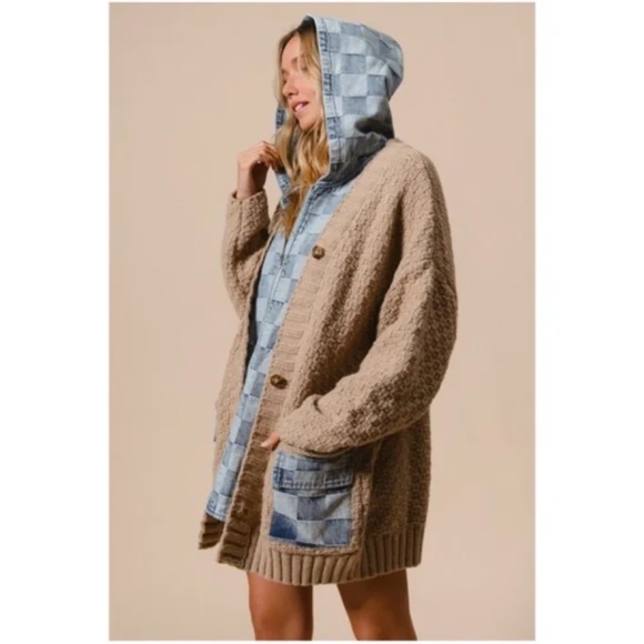 Cozy Checkered Plaid Denim Mixed Fabric Knit Cardigan Jacket Shacket - Picture 4 of 7